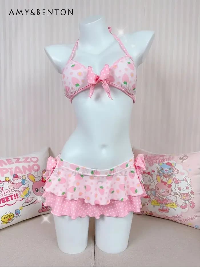 Kawaii dessin animé fraise imprimé deux pièces jupe maillot de bain mignon princesse Style Bikini
