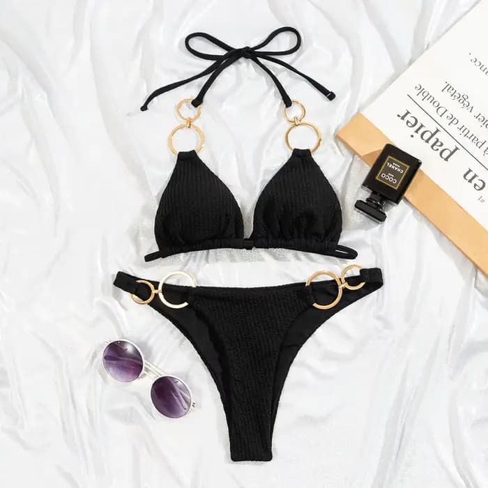 Melphieer 2025 été côtelé solide or lié anneaux concepteur Bikini maillot de bain de luxe licou Style Biquini Mujuer maillot de bain
