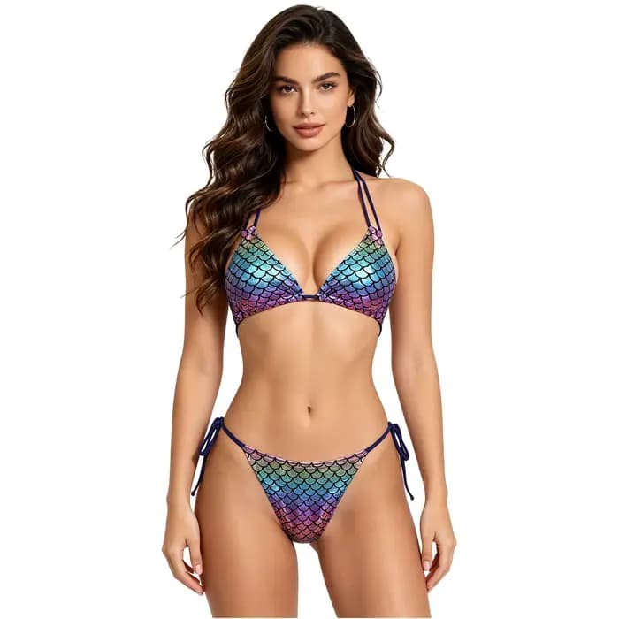 Maillot de bain bikini sirène pour femme, imprimé écailles, ensemble bikini dos nu, maillot de bain à nouer sur les côtés, soutien-gorge dos nu avec coussinets amovibles, culotte de bain