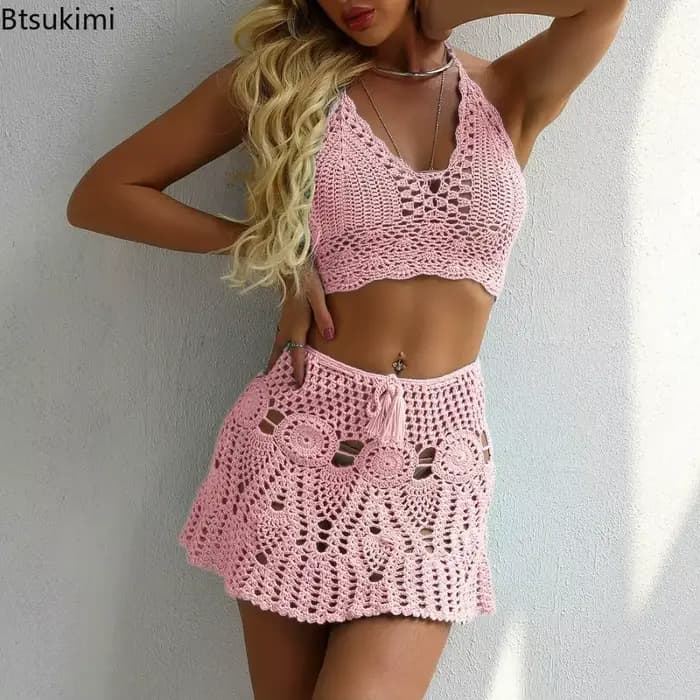 Maillot de bain sexy avec jupe coquillage pour femme, bikini string, taille haute, crochet, amissié, vêtements de plage
