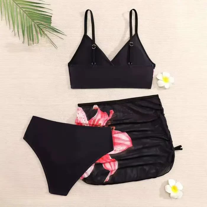 Maillots de bain pour adolescentes, ensembles de bikinis à taille haute à imprimé floral noir d'été avec des cache-maillots de plage, maillots de bain pour filles