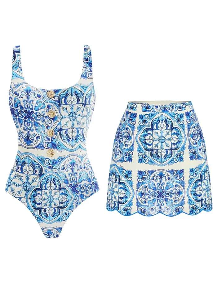 Maillot de bain une pièce imprimé et jupe de plage