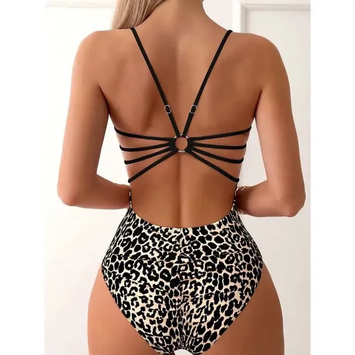 Maillot de bain une pièce sexy imprimé léopard pour femme 2026 – Maillot de bain bandeau échancré pour femme – Tenue de plage monokini