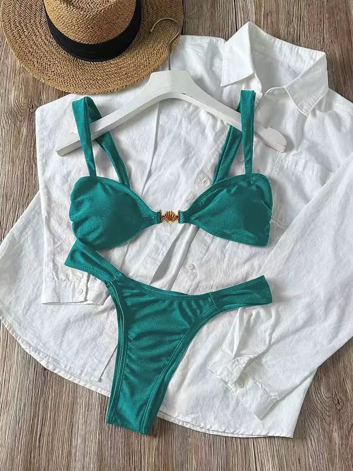 Ensemble de bikini sexy orné de coquillages métalliques 2026 pour femme, rose vif, avec soutien-gorge push-up plissé et string, maillot de bain d'été, micro-maillot de bain