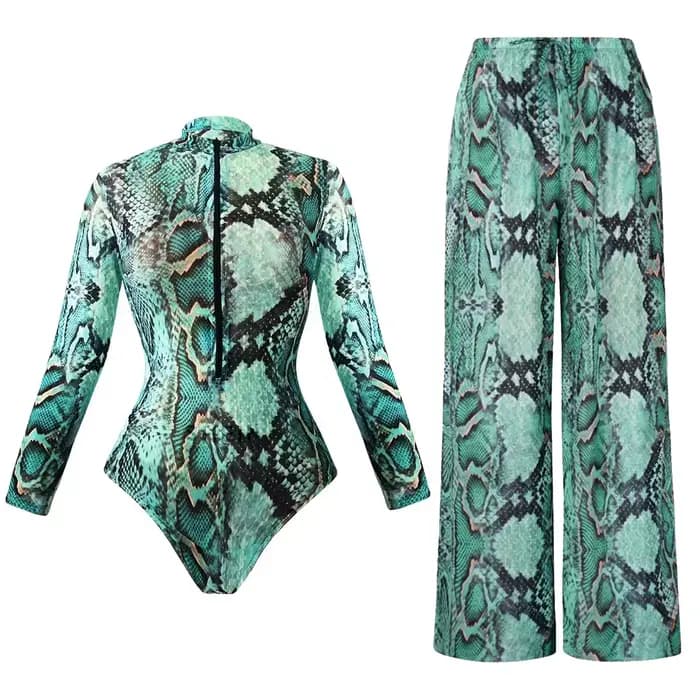 Manches longues crème solaire maillot de bain pantalons longs ensemble femmes noir géométrie imprimé fermeture éclair