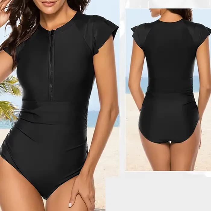Femmes maillot de bain décontracté couleur unie fermeture éclair manches courtes col rond mince ventre contrôle maillots