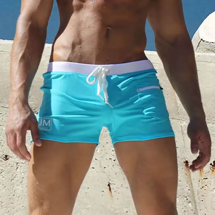 JOCKMAIL Maillot de bain court pour homme, short de bain, slip de bain, short de plage à jambe carrée avec poche zippée, été