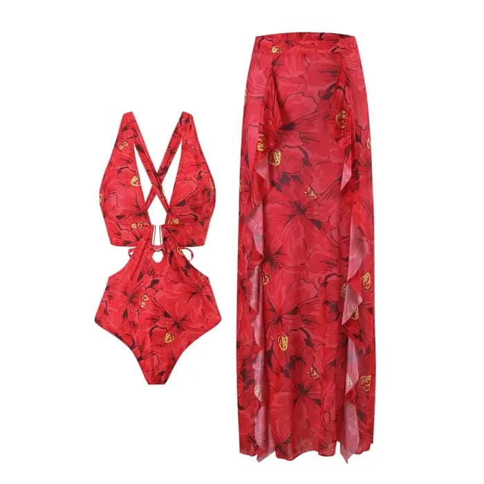 Ensemble de maillot de bain deux pièces imprimé fleuri fleur rouge fleuri vacances ensemble une pièce maillots de bain maillot de bain Bikini Resort vêtements de vacances