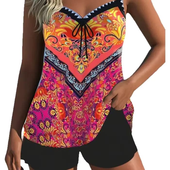 Ensemble de maillot de bain deux pièces conservateur, imprimé, sans manches, avec bas de bikini séparé, en tissu polyester, pour la natation et les activités aquatiques