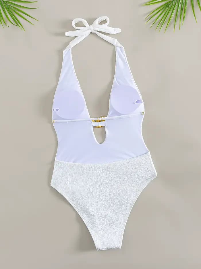 Maillot de bain une pièce blanc, Sexy, décolleté en V profond, boucle en métal, ajouré, dos nu, pour vacances d'été, Monokini, 2025