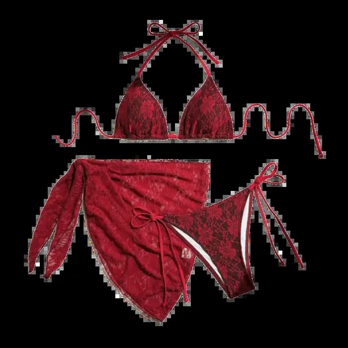 Ensemble de bikini brésilien sexy décontracté à bretelles, jupe de plage en maille, maillot de bain trois pièces en nylon, bikinis en dentelle rouge pour l'été