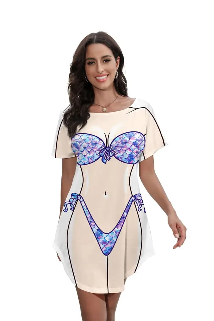 Nadanbao femmes sirène Bikini corps Pattrn T-shirt robe été Bikini couvrir robe à manches courtes Baggy chemises maillot de bain tendance