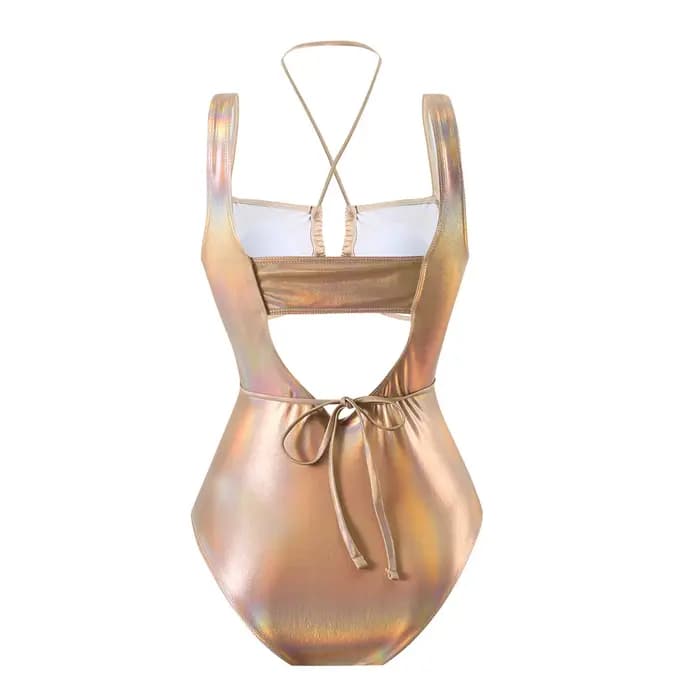 Maillot de bain une pièce pour femme, style body, métallisé irisé, dos nu à cordon, découpé, tenue de plage