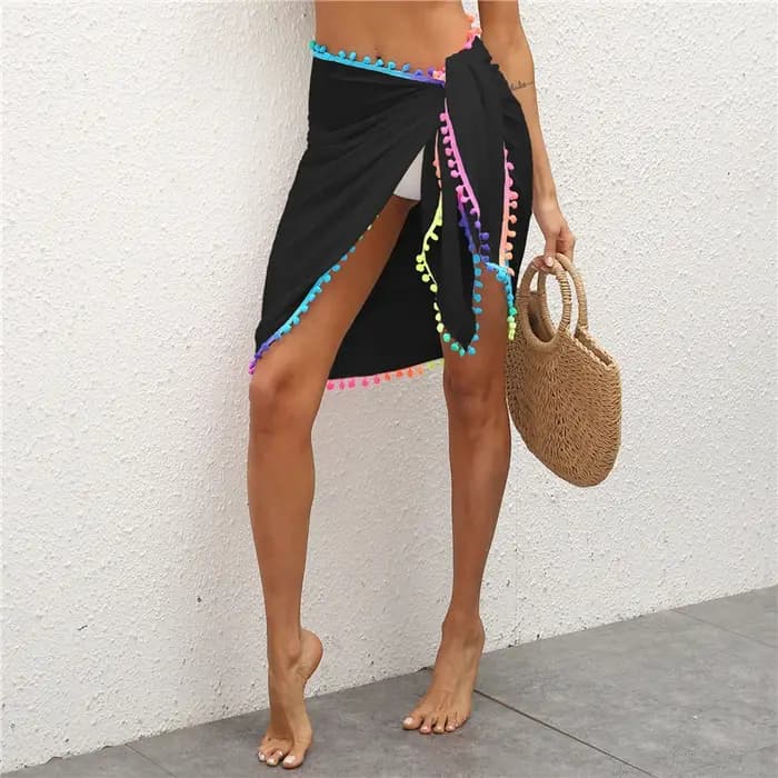 LAMUUSAA-Jupe de Plage Sexy en Maille Transparente pour Femme, Bikini avec Pompons Colorés, Sarong