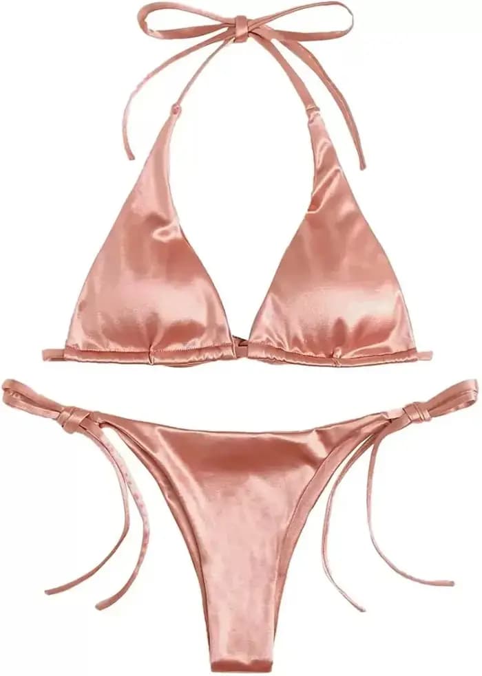 Femmes solide marron Micro Bikini ensemble String licou Triangle