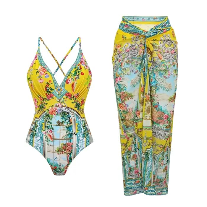 Maillot de bain une pièce de luxe pour femme, collection été 2026, motif floral, tenue de plage, maillot de bain avec nœud et bretelles, ensemble robe de bain