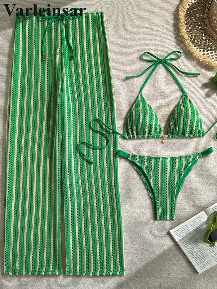 Maillot de bain trois pièces pour femme, ensemble bikini brésilien à rayures avec pantalon, maillot de bain V7838