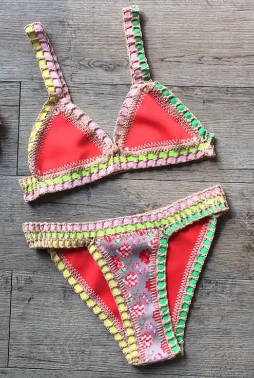 AndrCrochet Floral Bikini Set pour femmes, Réversible, Fait à la main, Destroy, Unique, Boho Bathing, Summer Vacation, Sexy Swimsuit
