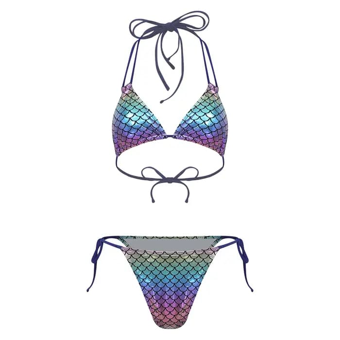 Maillot de bain bikini sirène pour femme, imprimé écailles, ensemble bikini dos nu, maillot de bain à nouer sur les côtés, soutien-gorge dos nu avec coussinets amovibles, culotte de bain