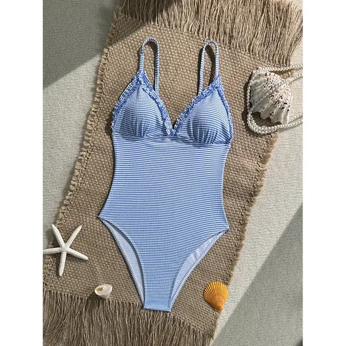 Vintage bleu ciel rayé une pièce maillot de bain 2026 femmes licou col en V mince ventre contrôle maillots