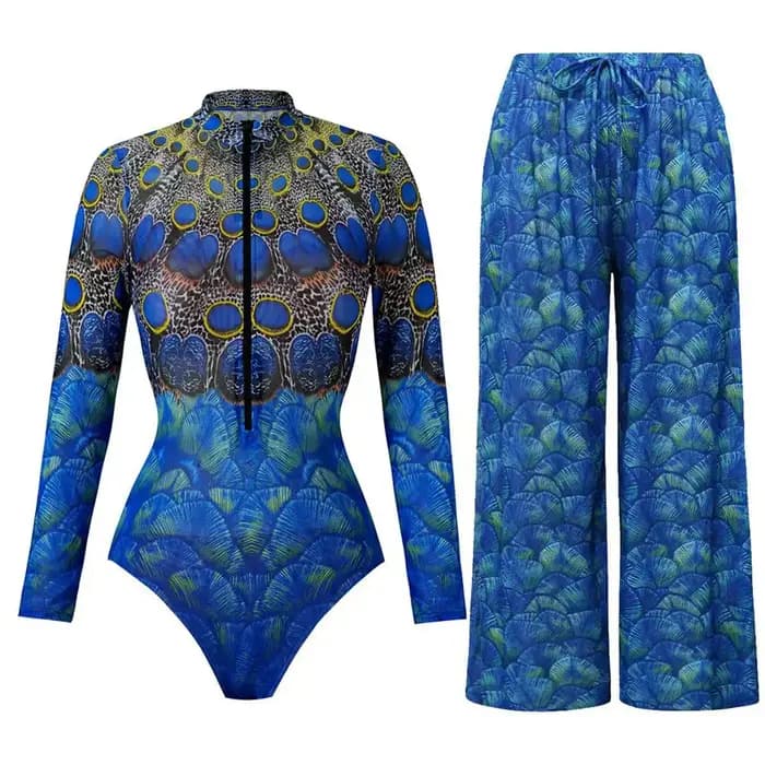 Vintage crème solaire une pièce maillot de bain jupe ensemble femmes paon imprimé fermeture éclair manches longues