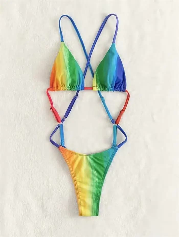 Maillot de bain une pièce imprimé arc-en-ciel, Micro Monokini, dégradé, String croisé, dos nu, pour