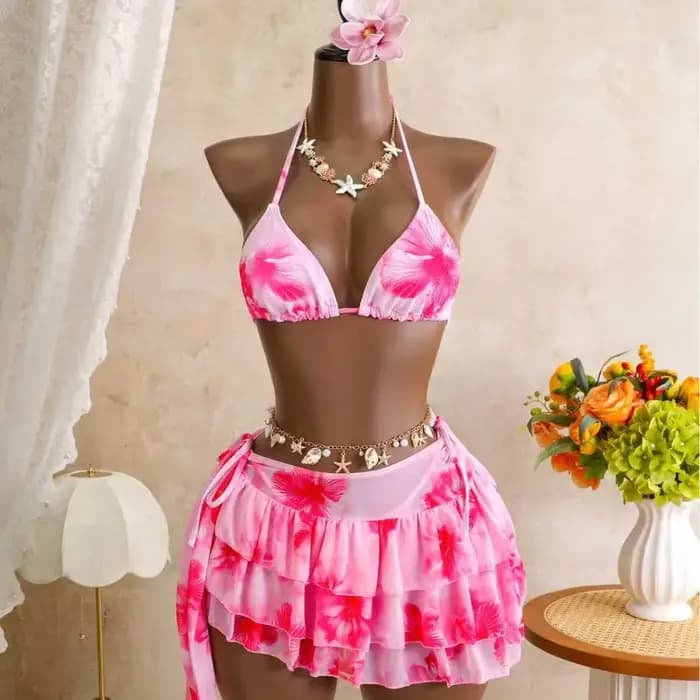 Ensemble bikini 3 pièces pour femme à imprimé hibiscus avec jupe à volants en maille