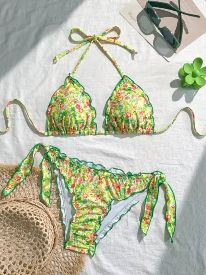 Femmes mignon Bikini ensemble 2025 nouvel été Orange imprimé fleuri licou volants Push Up cravate côté string maillot de bain maillot de bain