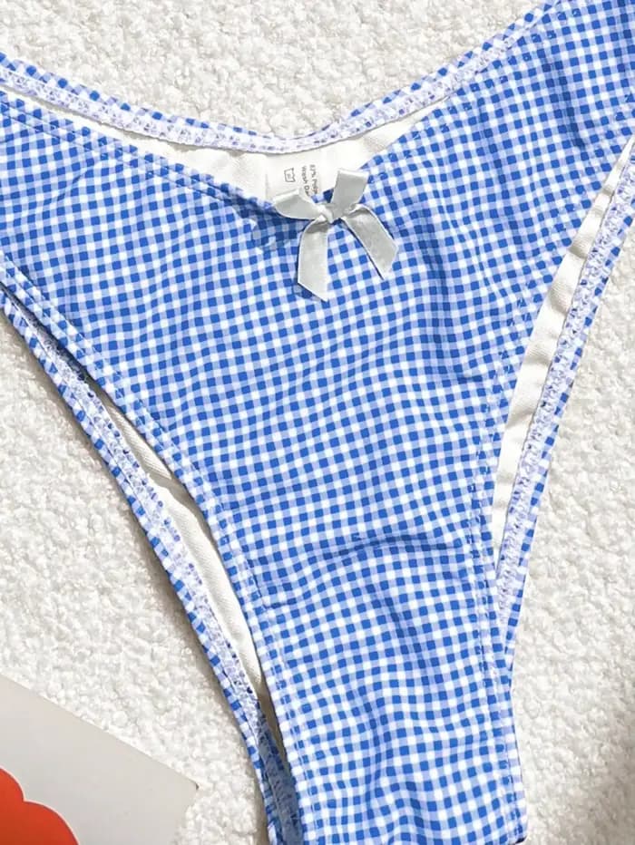 Maillot de bain deux pièces imprimé à carreaux bleus pour femmes, Sexy, bretelles avec nœud, dos nu, ensemble Bikini, taille haute, string, costume de plage, 2025