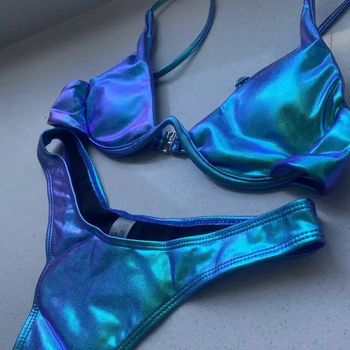 Maillot de bain triangle holographique bleu