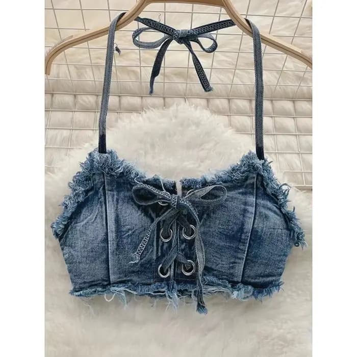 Maillot de bain femme sexy en jean, ensemble bikini à lacets et cordon de serrage, tenue de plage 2025, maillot de bain deux pièces vintage uni pour l'été