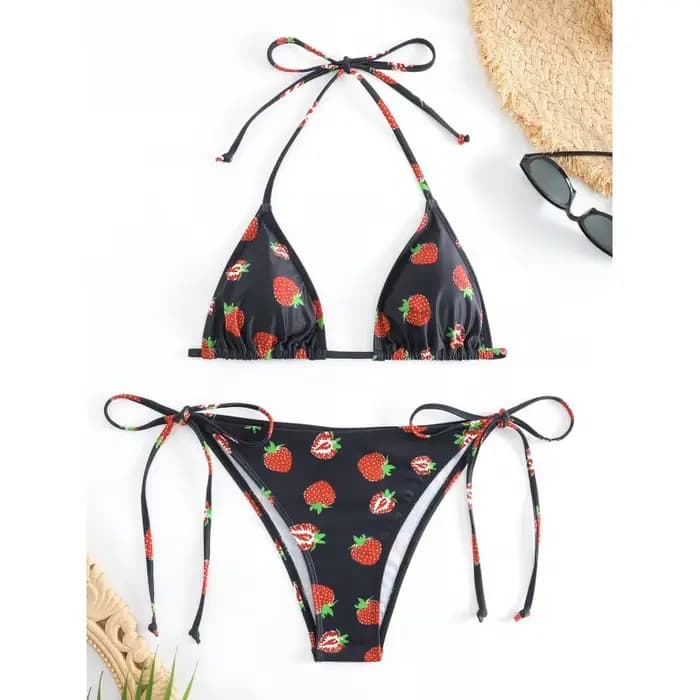 2025 Maillot de bain bikini imprimé fraises sexy, tendance, frais et mignon, noir, avec liens à troi