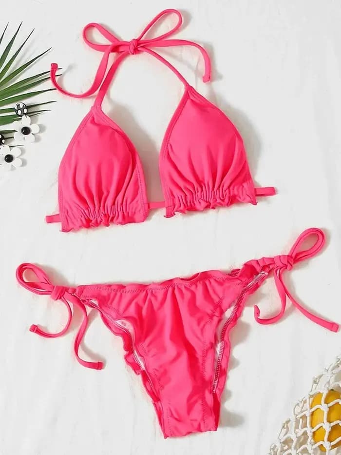 Bikini brésilien côtelé à volants pour femmes