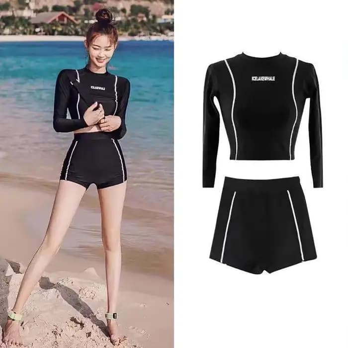 Maillot de bain deux pièces à manches longues pour femme, patchwork, vêtements de plage, piscine, sport, short