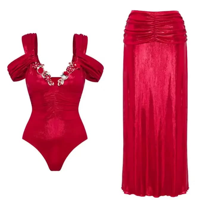 Maillot de bain une pièce bleu uni à décolleté plongeant et jupe
