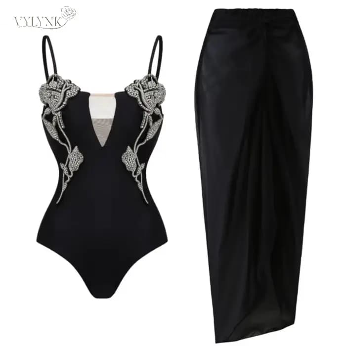 Maillot de bain une pièce sexy à motif floral et jupe, maillot de bain noir pour femme, tenue de plage, robe de plage, paréo