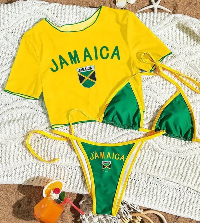 Sexy String Bikini 2026 Femmes Brésilien Drapeau Imprimé Bikinis Manches Courtes Trois Pièces Maillot de bain Fendu Maillot de bain D'été Maillots De Bain