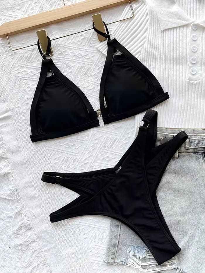 Push Up Bikini Femmes 2026 Sexy Solide Maillot De Bain Noir Deux Pièces Maillot de bain Bretelles Triangle Évider String Bikini Ensemble Maillots De Bain