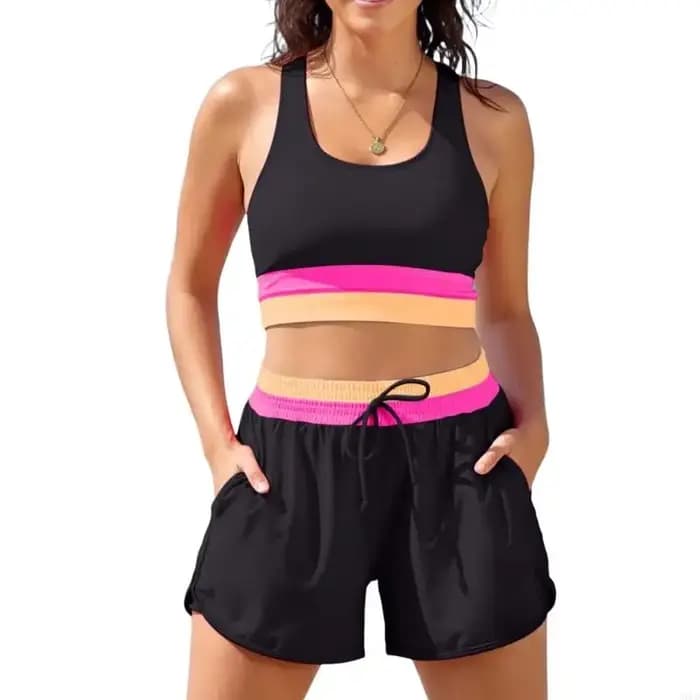 Ensemble short bain élégant deux pièces, maillot bain Flexible, Texture Polyester, taille haute, adapté aux bains à