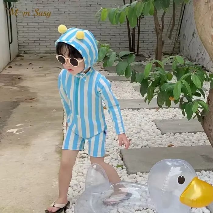 Combinaison de bain rayée avec bonnet pour bébé fille, 2 pièces, protection UV, vêtements de natation pour enfant de 1 à 7 ans