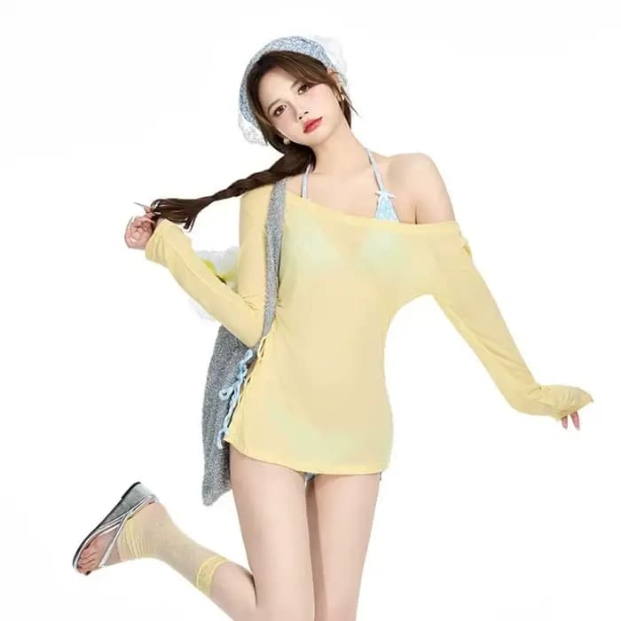 Ensemble de maillots de bain pour femmes à lacets, vêtements de plage, protection solaire, 4 pièces, bikini, maillot de bain ample en maille transparente à manches longues