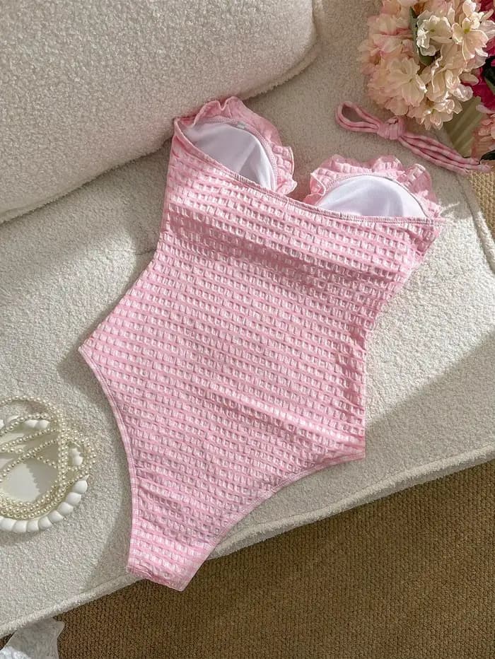 Maillot de bain une pièce sexy à épaules dénudées avec nœud, découpes, imprimé écossais, volants et coupe haute, monokini pour femme