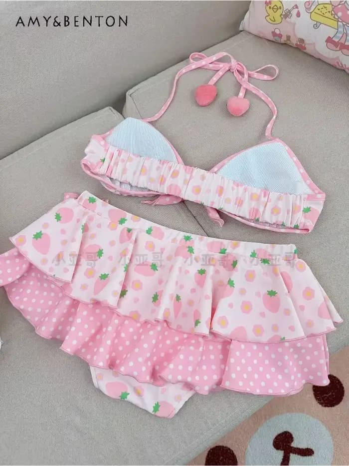 Kawaii dessin animé fraise imprimé deux pièces jupe maillot de bain mignon princesse Style Bikini