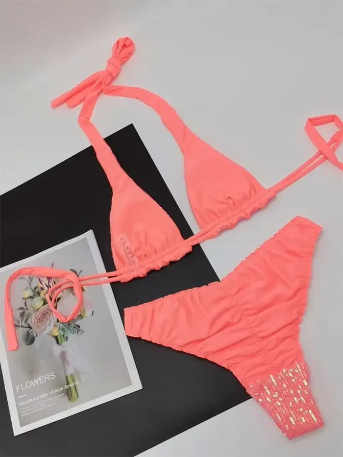Maillot de bain deux pièces pour femmes, bikini scintillant, ensemble smocké, push up, pour la plage
