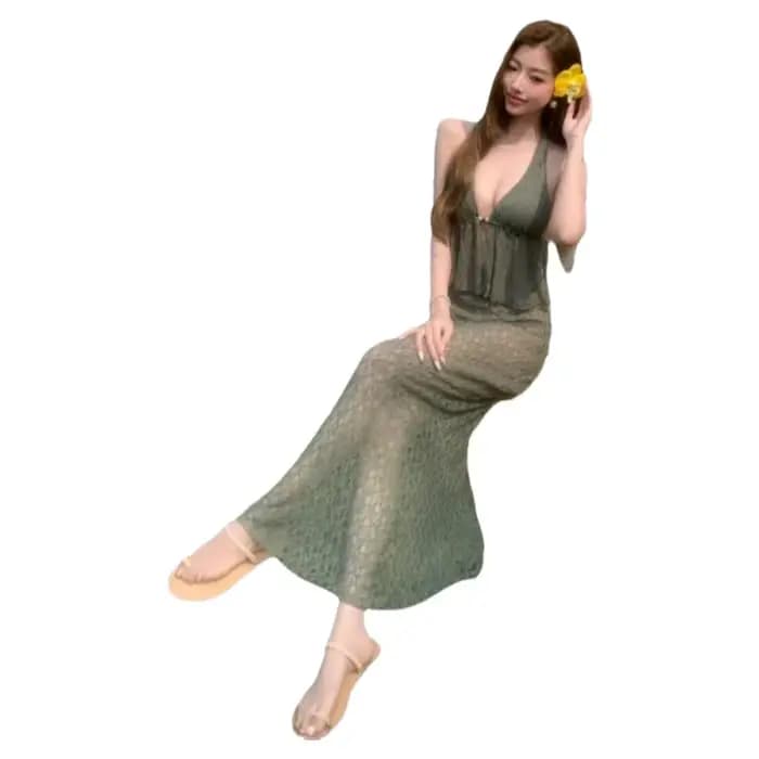 Ensemble trois pièces sexy en dentelle rétro française pour femme, avec bikini, robe longue de plage froncée pour petite poitrine et maillot de bain de vacances, couleur unie