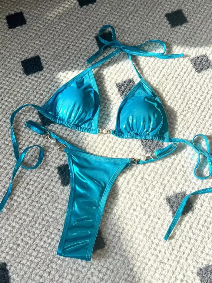 Micro bikini rose brillant 2026 pour femme, sexy, en PU, avec perles, push-up, string, maillot de bain d'été, bandage, pour les vacances