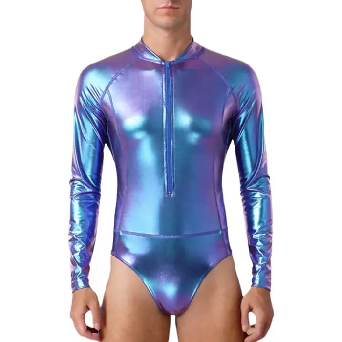 Maillots de bain pour hommes, combinaison métallique brillante à manches longues, une pièce, pour bo