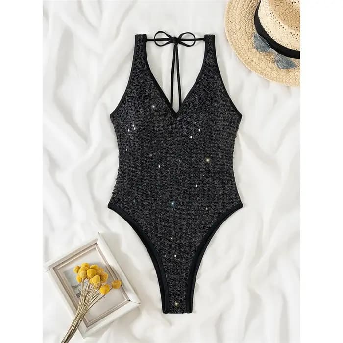 Maillot de bain une pièce sexy pour femme, maillot de bain, monokini, coupe haute, paillettes scintillantes, col en V, dos nu, vêtements de bain pour femmes V6425