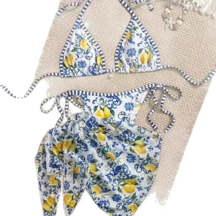 Maillot de bain bikini sexy trois pièces thème citron 2026 pour la plage et les sources chaudes – Polyester et élasthanne de haute qualité