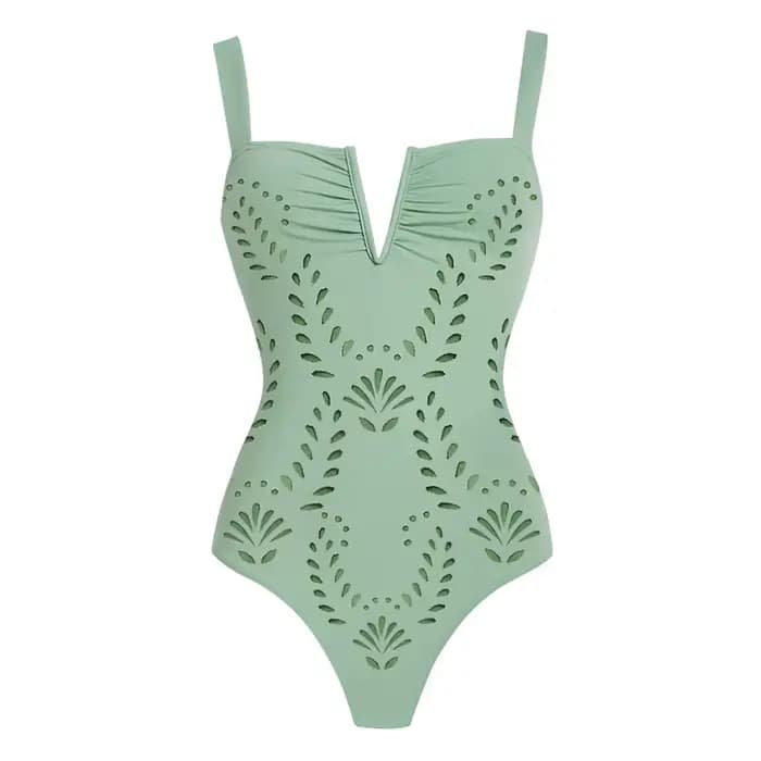 Flaxmaker 2025 été couleur unie évider une pièce maillot de bain ensembles femme Sexy col en V profond vacances maillots de bain maillots de bain